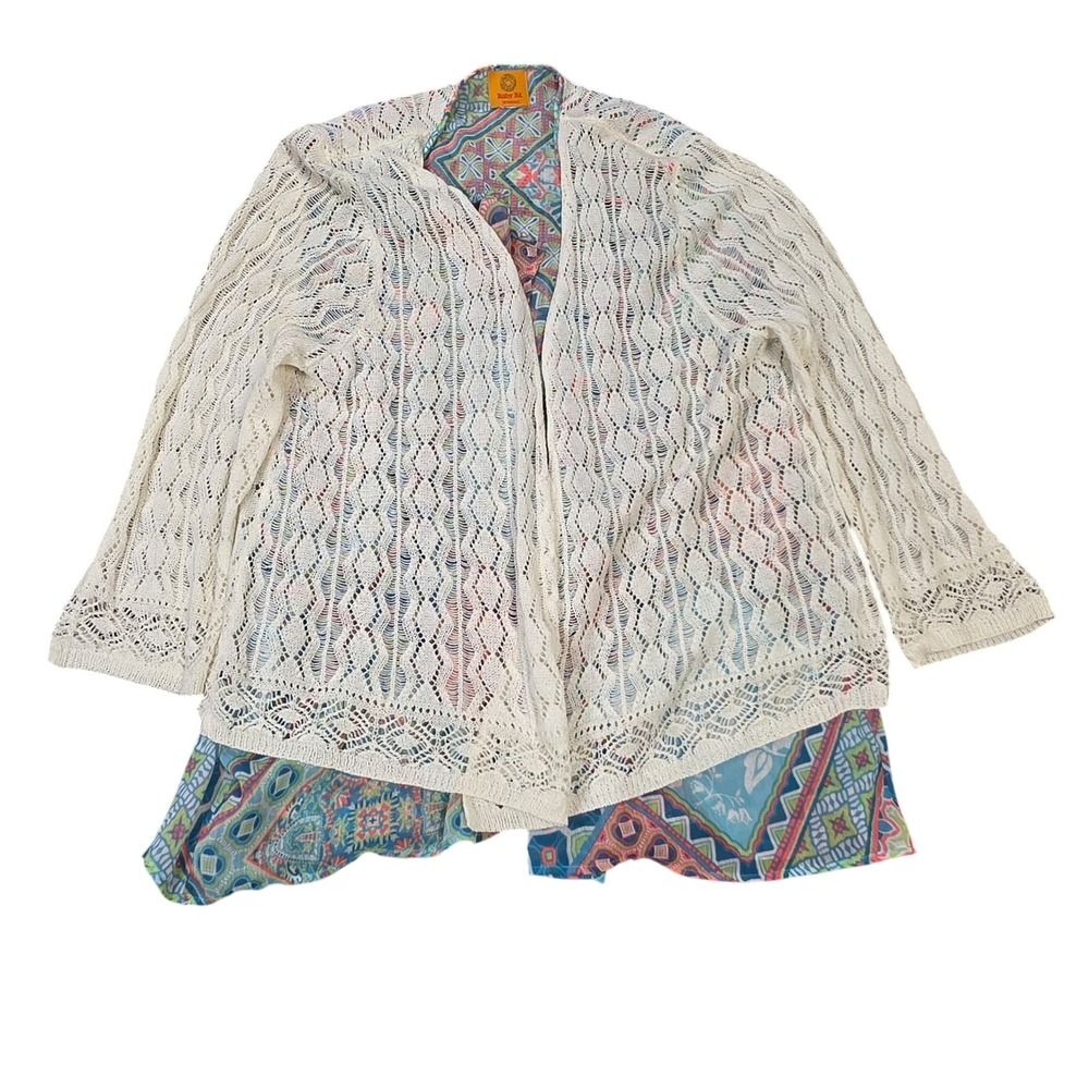 Ruby Rd Double Layer Geometric Print Cardigan Women's Size PM Ivory Crochet Lace